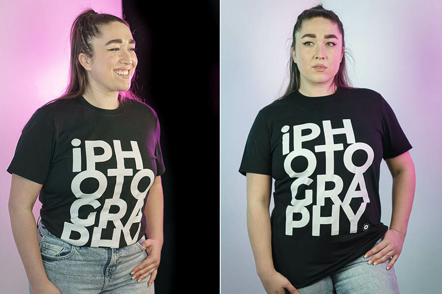 two photos of a lady wearing an iPhotography black logo t-shirt against a pink background